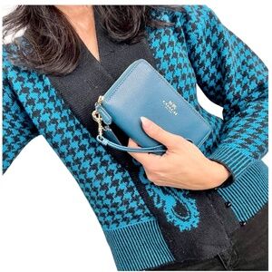 COACH double zip phone wallet wristlet teal crossgrain leather and gold tone